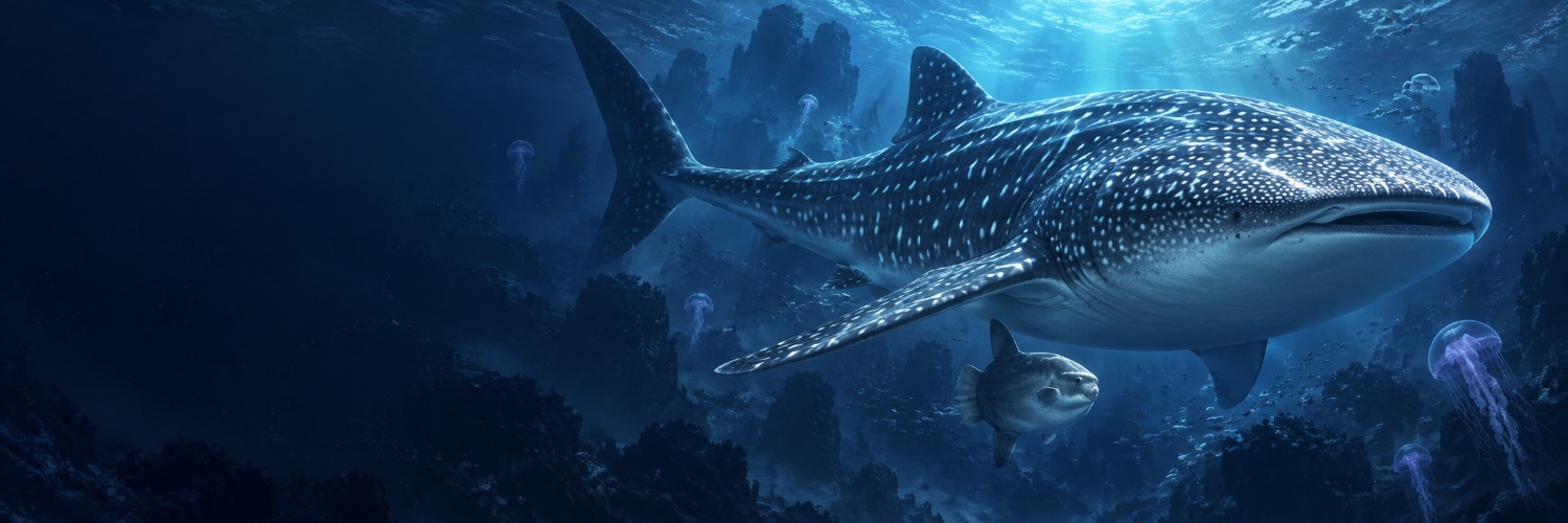 Whale shark and sunfish in the abyss, concept art