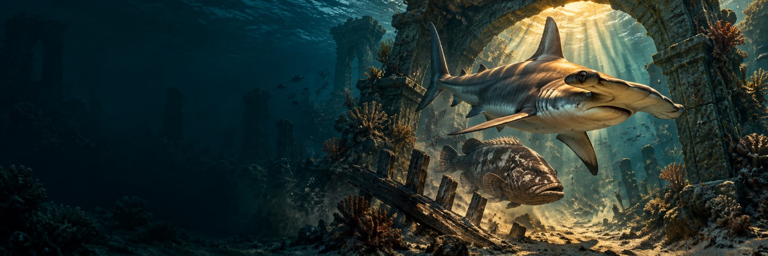 Hammerhead shark in sunken ruins, concept art